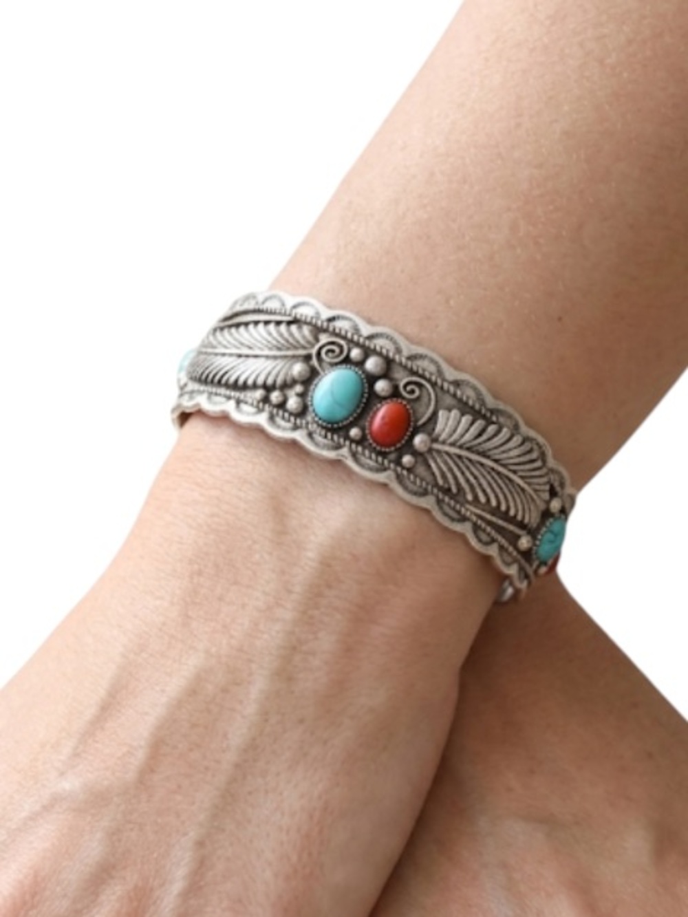 Southwestern Tribal Silver Cuff Bracelet Oval Turquoise Coral Inlay Feather NWT